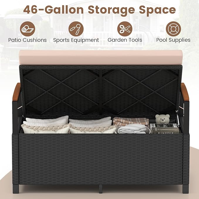 RELAX4LIFE Wicker Outdoor Storage Bench, Rattan Deck Box w/Protective Liner for Patio Furniture Pillows & Garden Tools, Porch Loveseat with Seat Cushion, Acacia Wood Armrests (Black-Beige) - Image 2