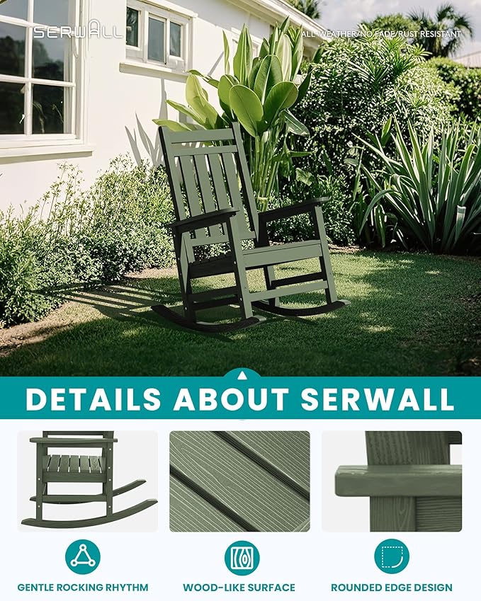 SEWALL HDPE Rocking Chair, Oversized Outdoor Rocking Chair for Adults, Patio Rocker for Porch, Avocado Green - Image 3