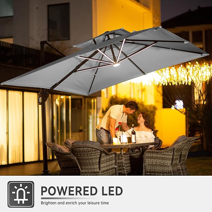 10 X 13 FT Cantilever Outdoor Patio Umbrella with Base Included Large Heavy Duty 360° Rotation Double Top Offset Rectangular Umbrellas with Led Lights for Backyard Outside Deck,Fog Grey - Image 2
