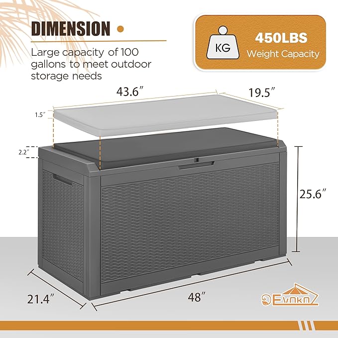 Devoko 100 Gallon Waterproof Large Resin Deck Box Outdoor Storage Box Indoor Lockable Storage Container with Cushion for Patio Furniture Garden Pool Cushions (Grey) - Image 6
