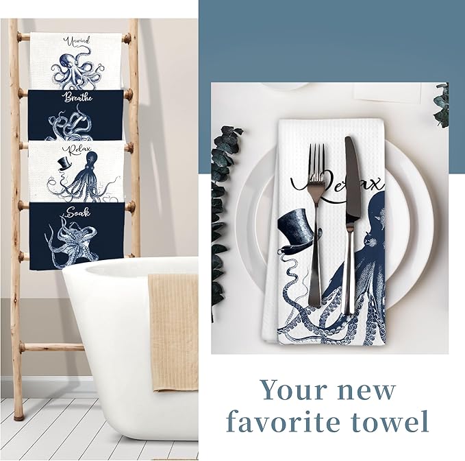 Navy Blue Octopus Coastal Beach Hand Towels, Ocean Octopus Unwind Breathe Relax - Image 7