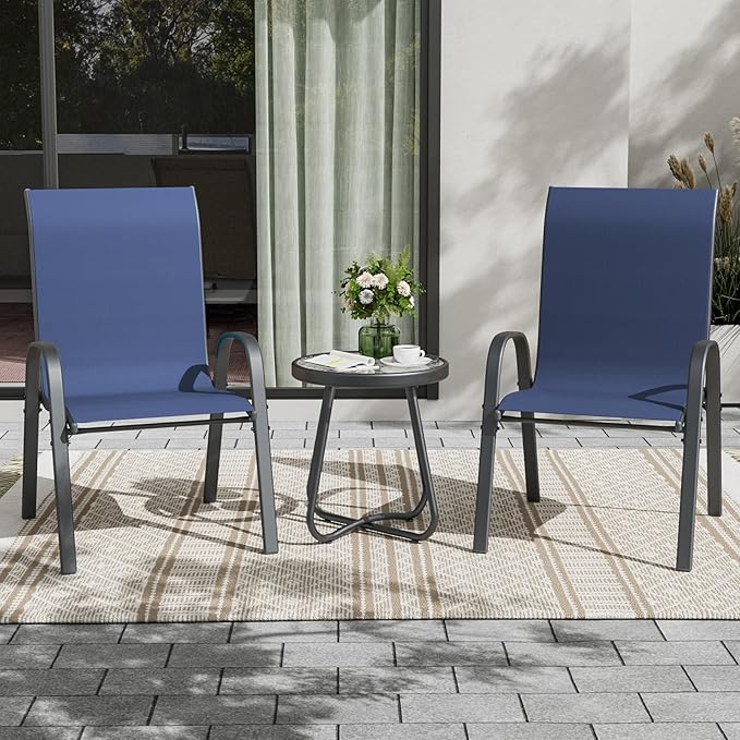 UDPATIO Patio Dining Set of 3, Outdoor Table and Chairs Set with Glass Table, 2 Stackable Patio Chairs with High Back, Outdoor Furniture Sets for Deck Garden Backyard Lawn Poolside (Blue) - Image 2