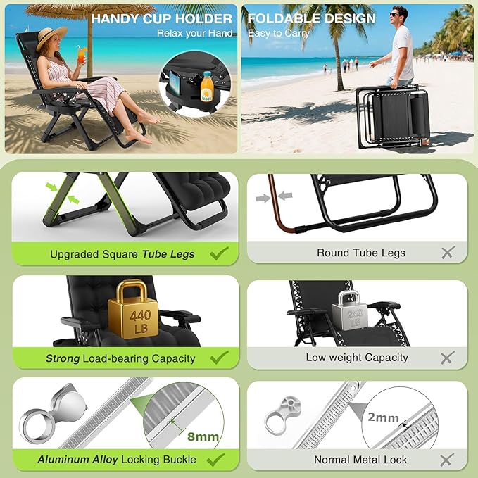 Suteck Zero Gravity Chair Set of 2, Reclining Camping Lounge Chair w/Removable Cushion, Upgraded Lock and Cup Holder, Reclining Patio Chairs Folding Recliner for Indoor and Outdoor - Image 3