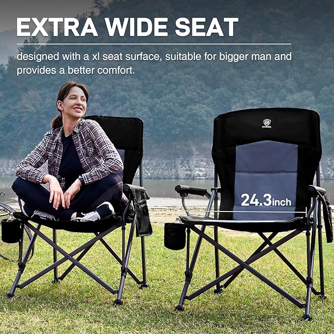 EVER ADVANCED Oversized Folding Camping Chair for Adults, Heavy Duty Lawn Chair with Side Pockets, Portable Collapsible Quad Chair for Outside, Support Up to 500lbs, Black 2PACK - Image 4