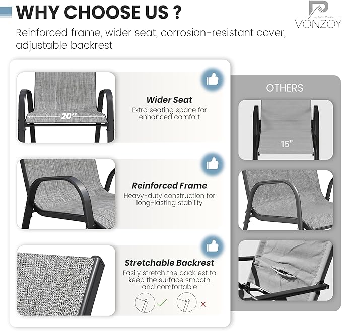 Patio Dining Chairs Set of 8, Outdoor High Stacking Chairs，Breathable Seat Fabric and Alloy Steel Frame for Backyard, Porch, Garden, Sunroom (Light Grey) - Image 5
