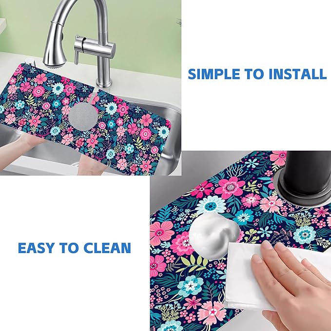 Modern Blue and Pink Floral Sink Faucet Absorbing Mat Sink Splash Guard Faucet - Image 5
