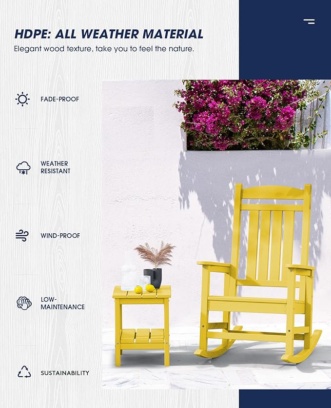 KINGYES Outdoor Rocking Chair Set of 2, High Density Polyethylene Patio Rocking Chairs with 330lbs Support for Adults, Yellow - Image 7