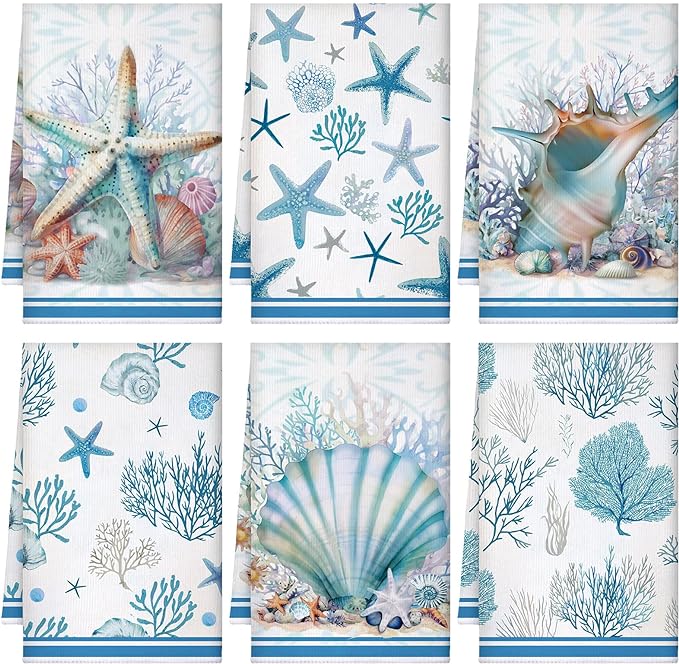 Boyiee Set of 6 Beach Kitchen Towels Coastal Ocean Dish Towels Sea Nautical Tea by Boyiee