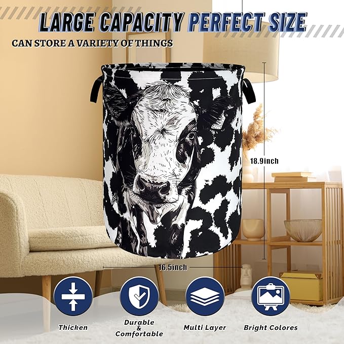 Personalize Black White Cow Laundry Basket Oxford Cloth Foldable Animal Laundry - Image 3
