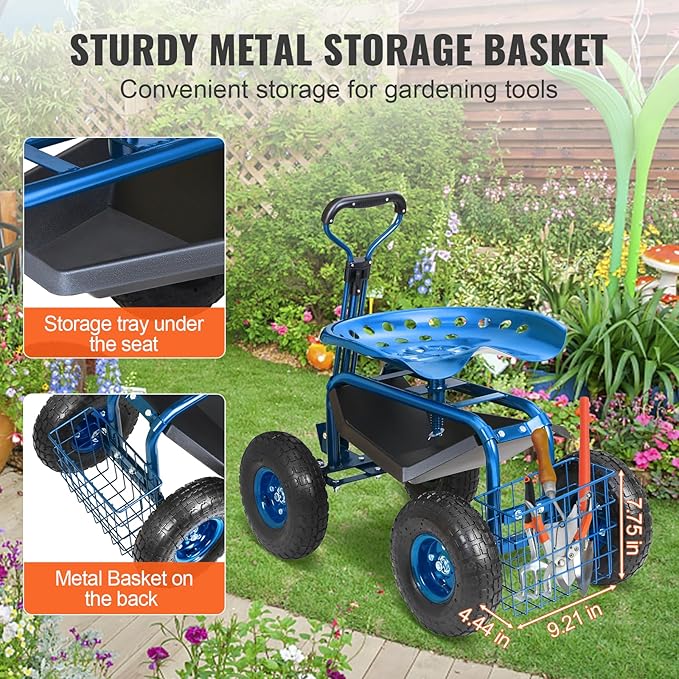 VEVOR Garden Cart Rolling Workseat with Wheels, Gardening Stool for Planting, 360 Degree Swivel Seat, Wagon Scooter with Steering Handle & Utility Tool Tray, Use for Patio, Yard, and Outdoors, Blue - Image 3
