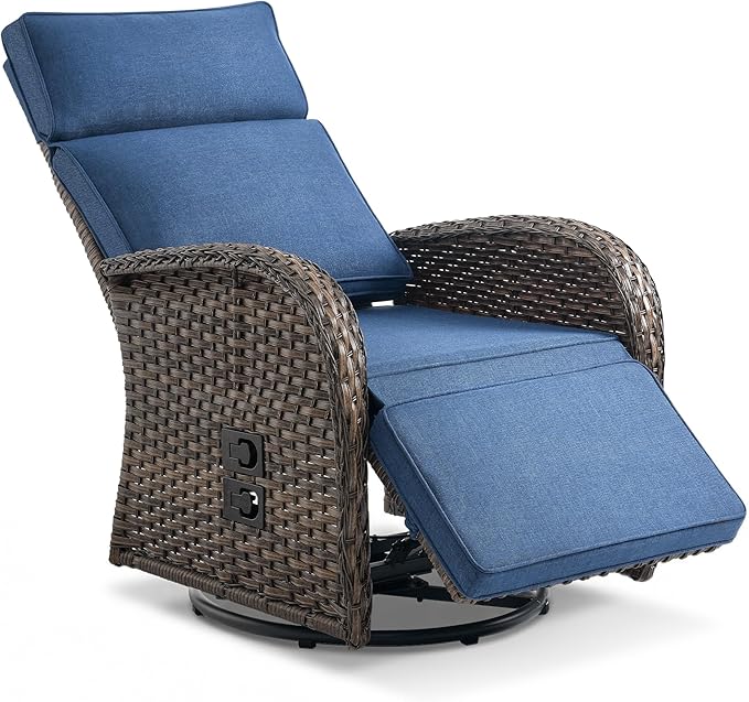 Zero Gravity Patio Swivel Rocking Recliner Chair - Wicker Outdoor Lounge Chair with Adjustable Backrest & Footrest, All Weather Reclining Rocker Chairs with Thick Cushion for Pool Deck Blue - Image 7