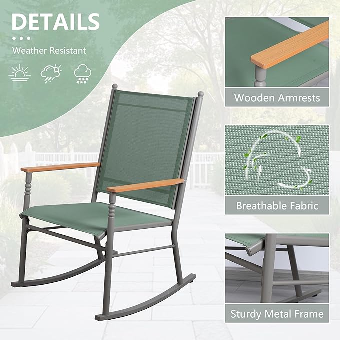 Shintenchi 2 Pcs Outdoor Rocking Chairs Set,Upgraded High Back Patio Rocking Chairs Set,Breathable Textilene Fabric Rocking Chair for Porch,Patio,Garden,Balcony(Green) - Image 4