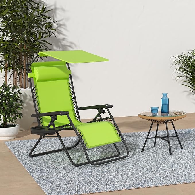Best Choice Products Folding Zero Gravity Outdoor Recliner Patio Lounge Chair w/Adjustable Canopy Shade, Headrest, Side Accessory Tray, Textilene Mesh - Lime Green - Image 2