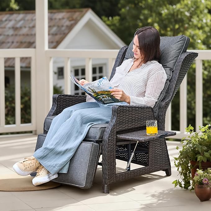 Outdoor Indoor Wicker Recliner with Adjustable Back and Footrest, Patio Reclining Chair with Flip-up Table, Outdoor Rattan Lounge Chair, Grey 2PCS - Image 7