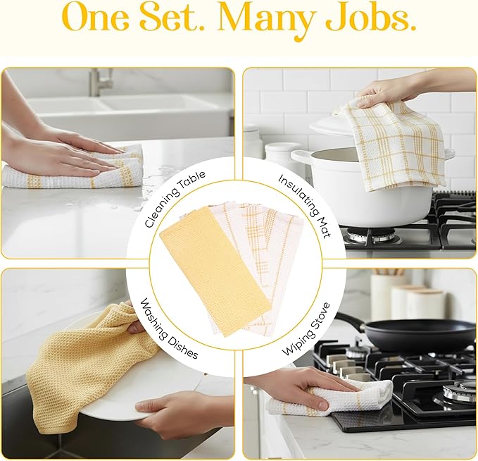 MosJos Kitchen Towels Set of 4 Dish Towels Yellow n White Waffle Weave Cotton - Image 7