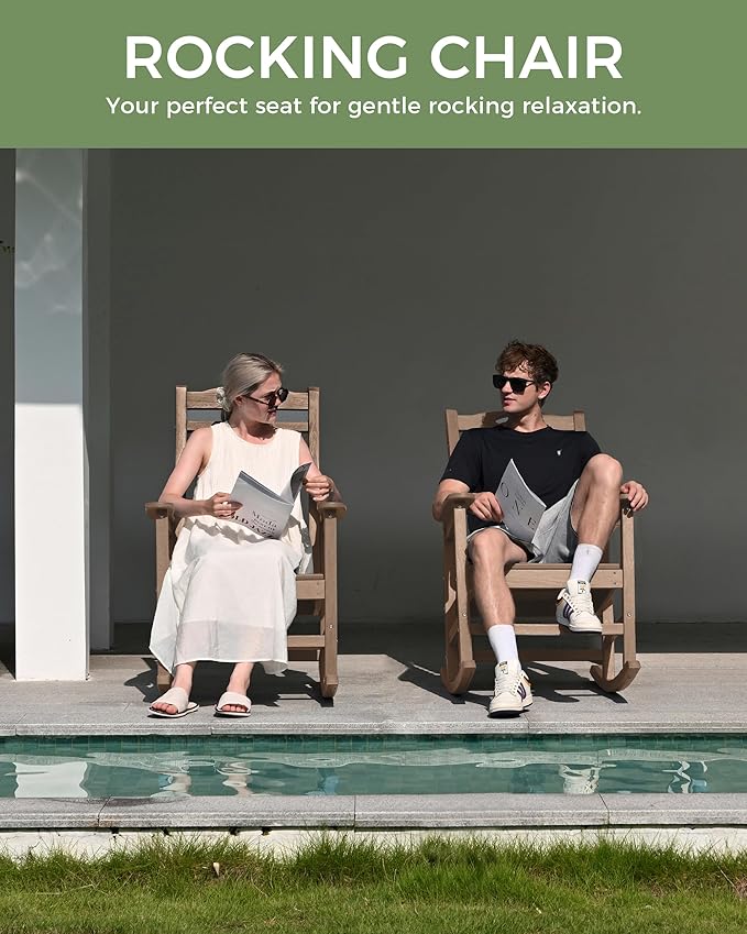 Oversized Rocking Chair Outdoor, High Back Porch Rocker Chair, HDPE All Weather Resistant Rocking Chairs for Patio, 386lbs Weight Capacity, Teak - Image 7