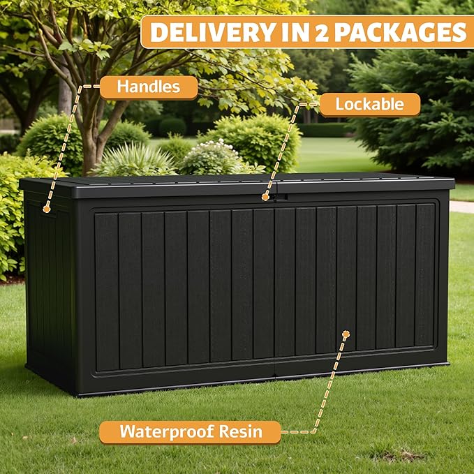 Flamaker Resin Deck Box 270 Gallon, Waterproof Imitation-Wood Lockable Storage Box with Separator Plate Outdoor Indoor, Garden, Patio Furniture for Tools&Pool Accessories (Black) - Image 3