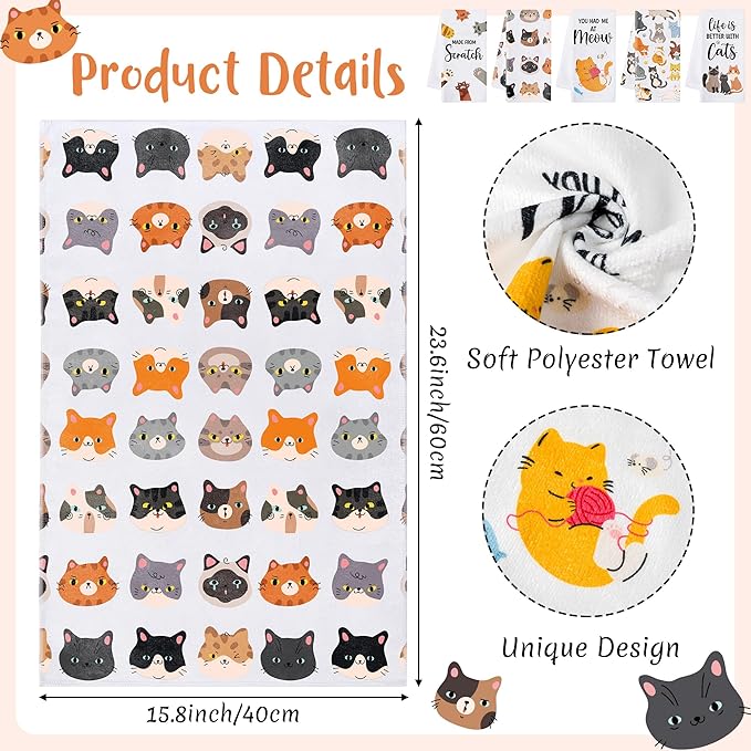 R HORSE 5Pcs Funny Kitchen Dish Towels, Cute Cat Dishcloths Gift, Absorbent - Image 2