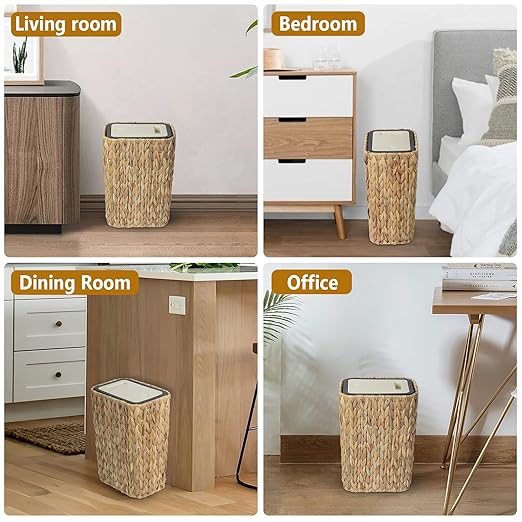Boho Trash Can with Lid for Bathroom, 2.6 Gallon Small Rattan Garbage Can with - Image 6