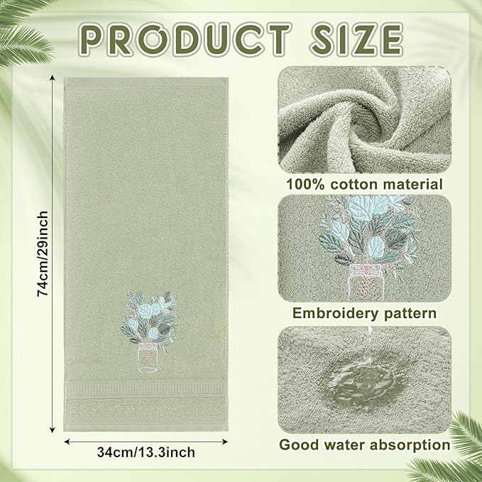 2 Pcs Eucalyptus Hand Towels Gray Green Bathroom Decor 14x29 Inch Embroidered - Image 3
