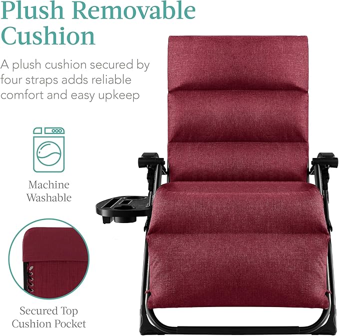 Best Choice Products Oversized Zero Gravity Chair, Folding Outdoor Patio Recliner, XL Anti Gravity Lounger w/Removable Cushion, Cup Holder, Side Tray, 350lb Capacity - Burgundy - Image 3