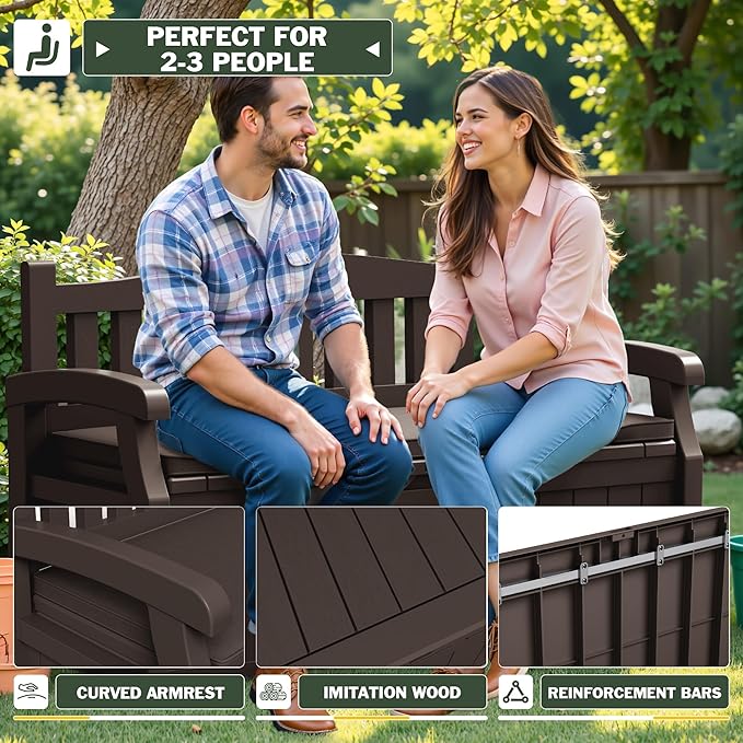 Flamaker 80 Gallon Storage Bench with Cushions Outdoor Indoor, Durable All-Weather Seating with Hidden Storage, Lockable Deck Box for Garden, Patio, Poolside (Brown) - Image 4
