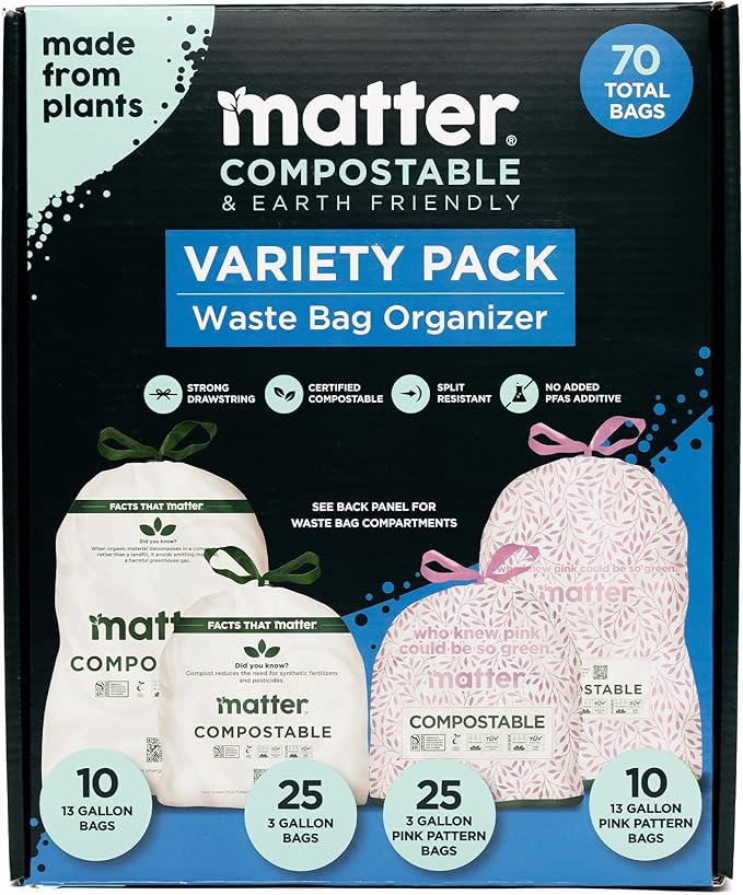 Matter Compostable Variety Pack 3 Gallon and 13 Gallon Kitchen Trash Bags by Matter