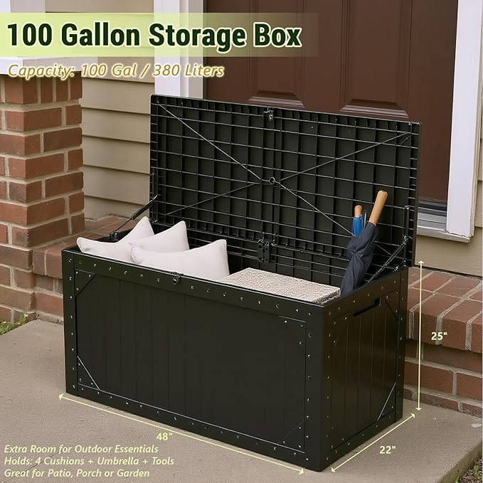TARKARI 100 Gallon Lockable Resin Deck Box, Waterproof & UV-Resistant Outdoor Storage Box for Outdoor Cushion Storage, Garden Tools & Pool Accessories Storage, Black - Image 2