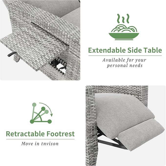 IDEALHOUSE Wicker Outdoor Recliner Reclining Patio Chairs with Adjustable Back & Footrest 150° Lay-Flat Reclining with Air Pump Rattan Flip-Up Side Table Outdoor Lounge Chairs for Pool Deck Balcony - Image 7