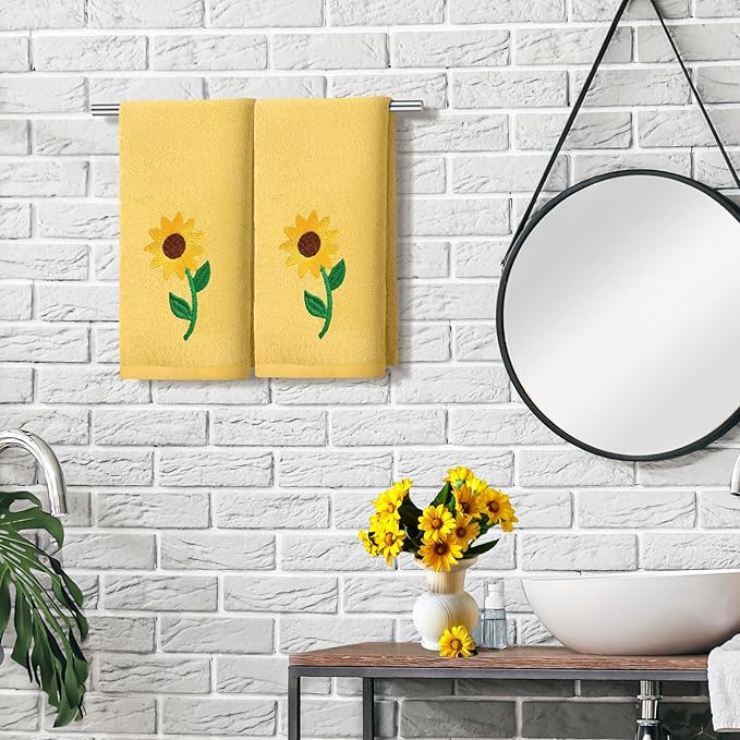 2 Pcs Sunflowers Hand Towels Bright Yellow Bathroom Decor 14x29 Inch - Image 3