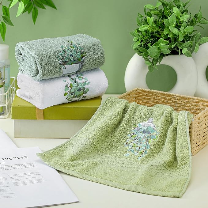 3 Pcs Eucalyptus Hand Towels Farmhouse Embroidered Botanical Bathroom Decor - Image 3
