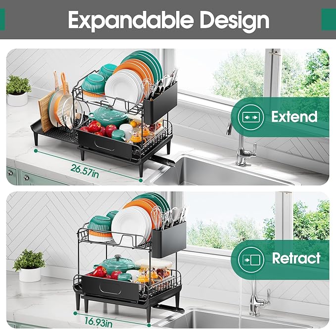 Dish Drying Rack for Kitchen Counter, Expandable 2 Tier Dish Rack, Large - Image 2