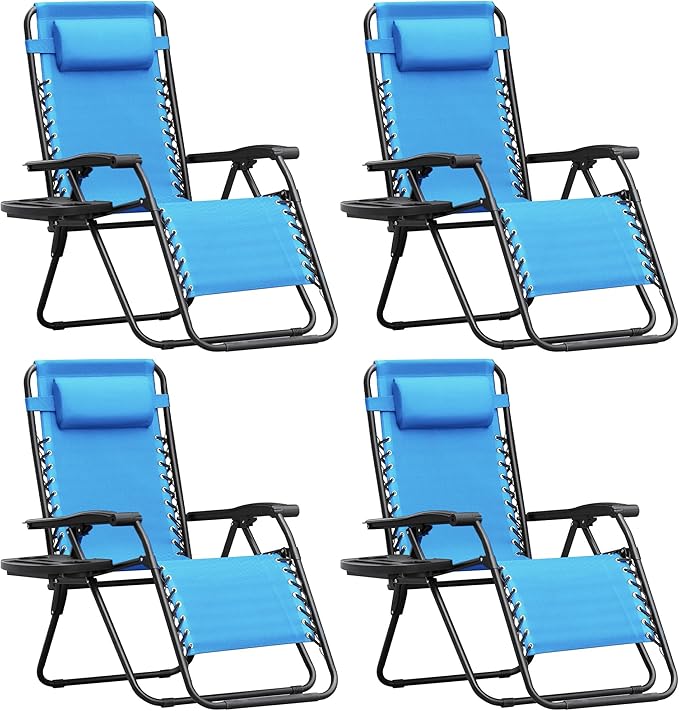 Homall Zero Gravity Chair Patio Folding Lawn Outdoor Lounge Gravity Camp Reclining Lounge Chair with Cup Holder Pillows for Poolside Backyard and Beach Set of 4 (Sky Blue) by Homall