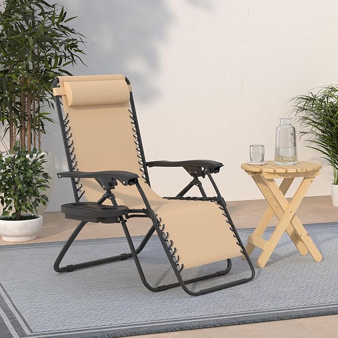 Best Choice Products Set of 2 Adjustable Steel Mesh Zero Gravity Lounge Chair Recliners w/Pillows and Cup Holder Trays - Sand - Image 2