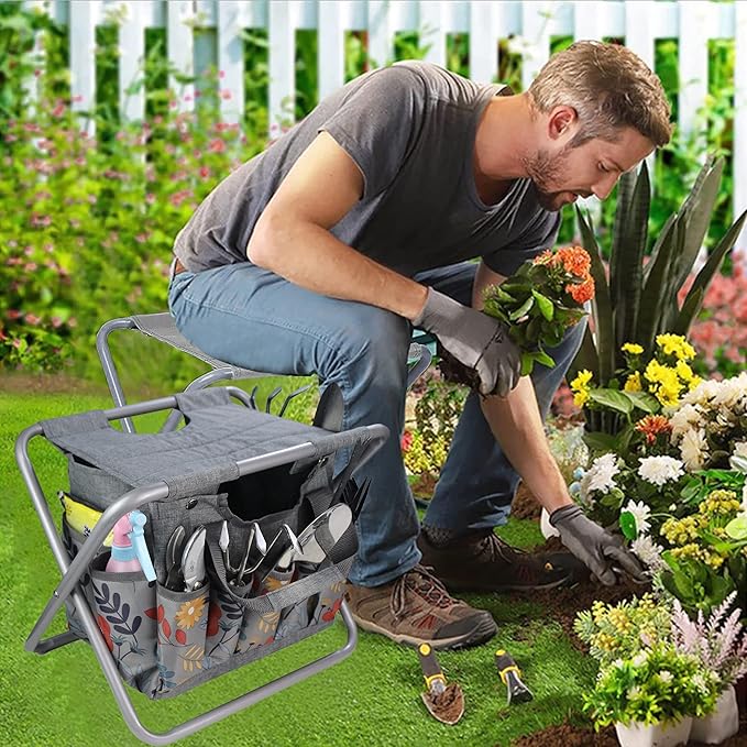 MDSTOP Folding Gardening Stool with Detachable Storage Tote Bag, Gardening Tools Set Organizer for Fishing Outdoor Sports Hiking Camping Garden, Gardening Gifts for Mom/Dad, Without Tools (Aluminum) - Image 2