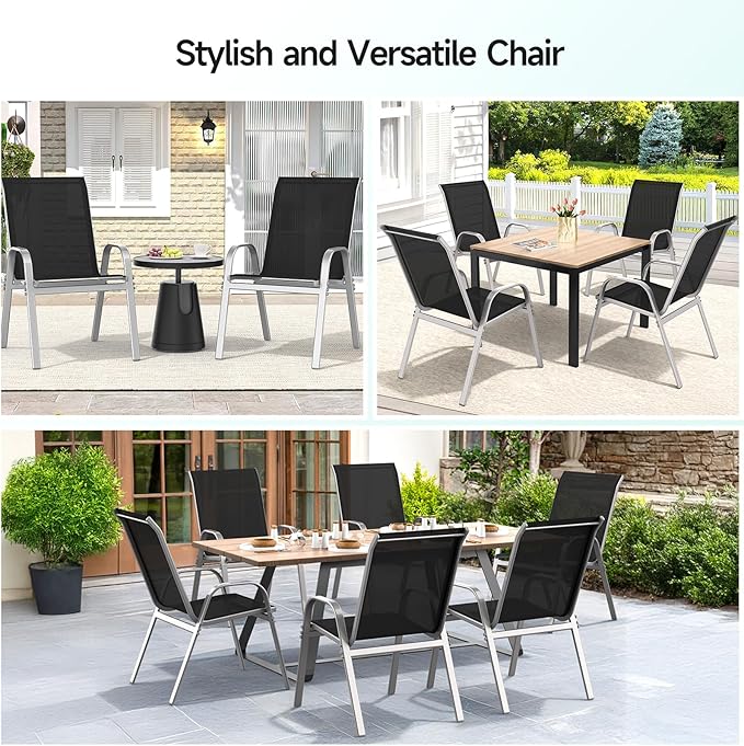 Patio Chairs Set of 2, Easily Set Up Stackable Outdoor Dining Chairs with High Back and Wide Seat, All Weather Breathable Outdoor Chairs Set of 2 with Metal Frame for Backyard Deck Pool, Black - Image 8