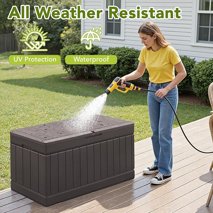 Devoko 78 Gallon Deck Box, Waterproof Resin Outdoor Storage Box for Outside and Patio, Outdoor Storage Bench Lockable for Patio Furniture, Garden Tools and Pool Supplies (Brown, 78 Gallon) - Image 4