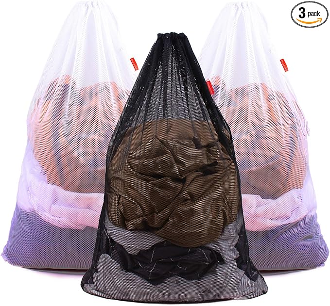 3 Pack Mesh Laundry Bags, 24 x 36 Inches Heavy Duty Drawstring Bag, Travel and by DuomiW