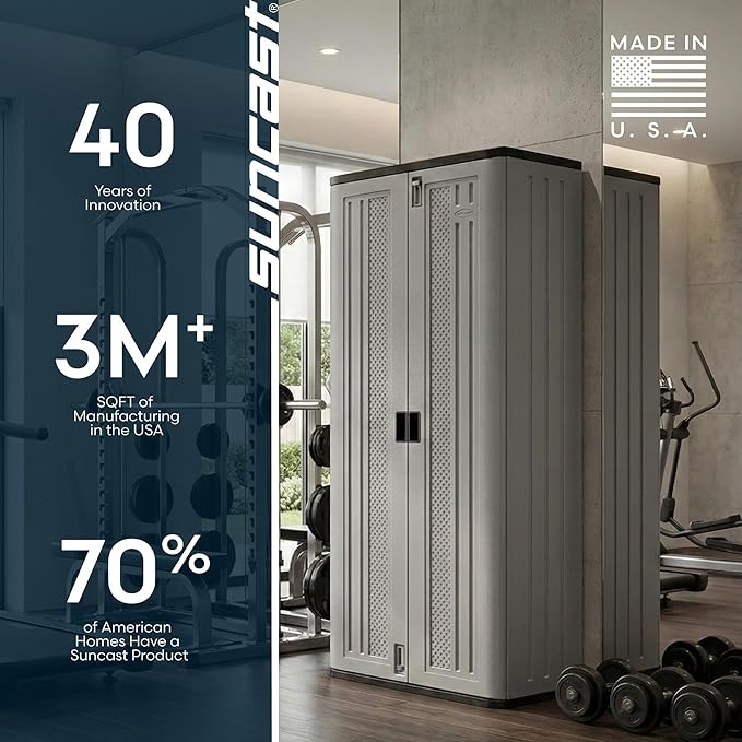 Suncast Tall Storage Cabinet, Platinum Resin Garage Storage Cabinet with Doors & Shelves, Plastic, Lockable, Freestanding Utility Closet for Tools & Supplies, Made in USA - Image 9