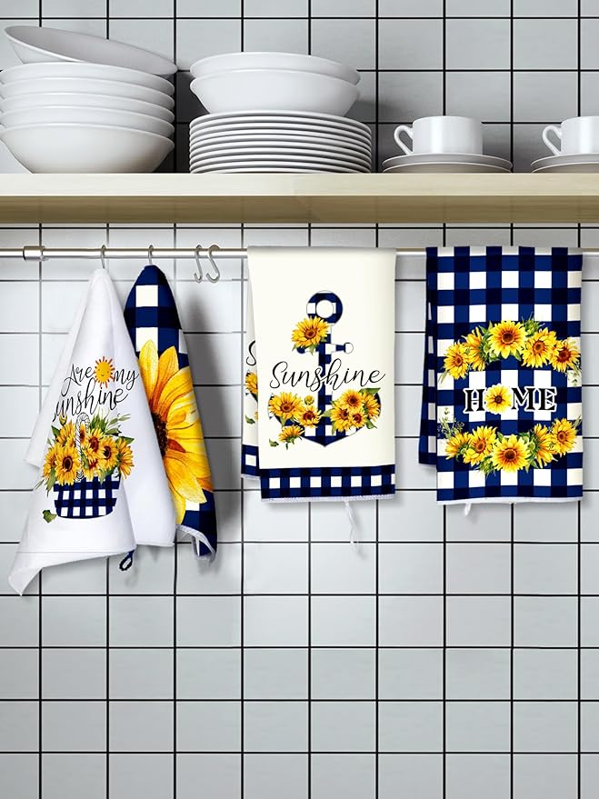 Bencailor 4 Pcs Sunflower Kitchen Towels Blue and White Floral Hand Dish Towels - Image 6