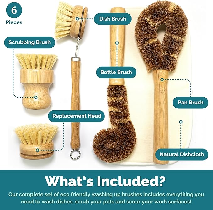 Jungle Culture® 6 Pack Bamboo Dish Brush Set - Image 2