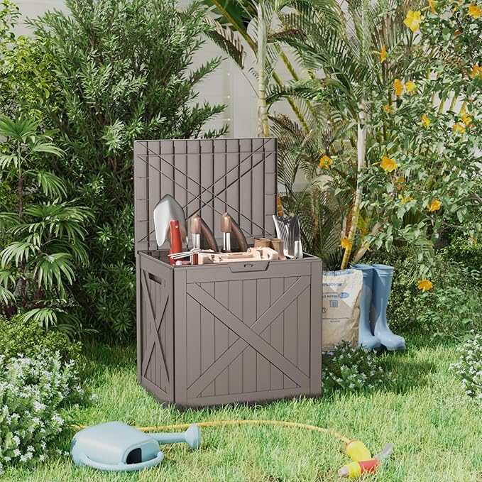 ROJIK Outdoor Storage Housing Deck Box - Waterproof Patio Furniture, Garden Tools, Cushions, Pool Accessories Storage Bench with Lockable Lid and Side Handles (Grey 38 Gal) - Image 6