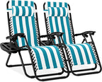 Best Choice Products Set of 2 Adjustable Steel Mesh Zero Gravity Lounge Chair Recliners w/Pillows and Cup Holder Trays - Peacock Striped by BestChoiceProducts