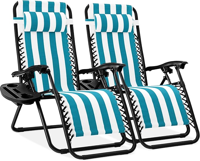 Best Choice Products Set of 2 Adjustable Steel Mesh Zero Gravity Lounge Chair Recliners w/Pillows and Cup Holder Trays - Peacock Striped by BestChoiceProducts