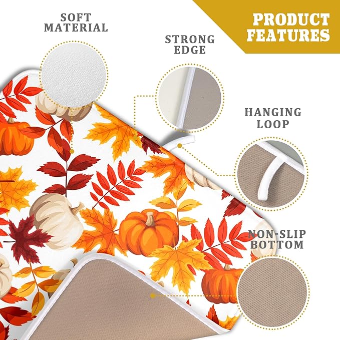 Fall Dish Drying Mat for Kitchen Counter Watercolor Pumpkins Autumn Leaves - Image 4