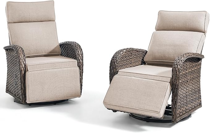 Zero Gravity Patio Swivel Rocking Recliner Chairs Set of 2 - Wicker Outdoor Lounge Chair with Adjustable Backrest & Footrest, All Weather Reclining Rocker Chairs with Thick Cushion for Pool Deck Beige - Image 7