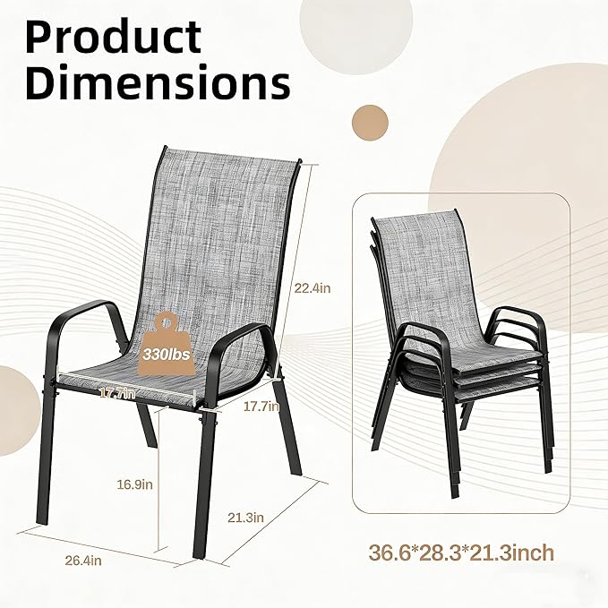 MAMIZO Patio Dining Chairs, Stackable All Weather Teslin Chair, Heavy Duty Outdoor Breathable Chairs Set, w/Armrests, Upgraded Chair FeetW/Strenthened Iron Spacers, 330 LBS (8, Grey) - Image 2