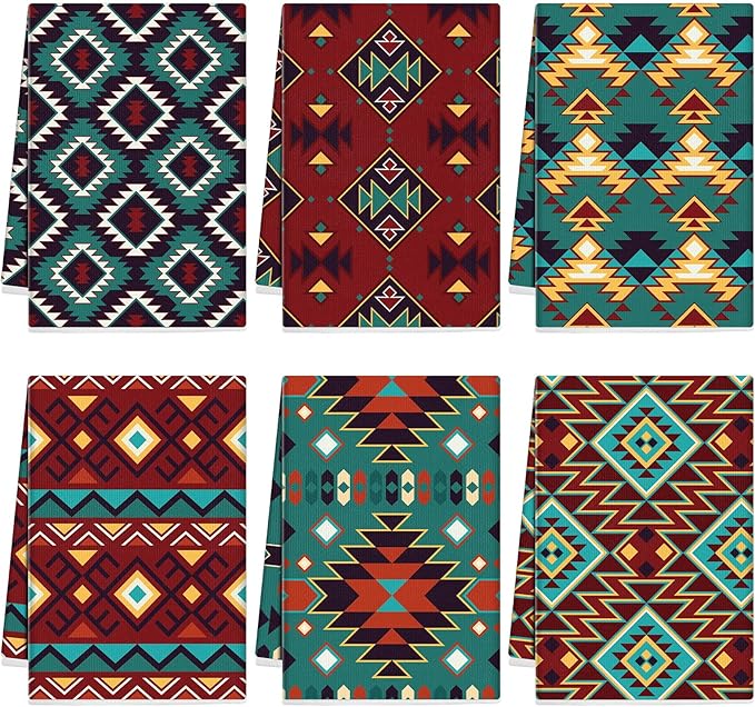 Set of 6 Western Aztec Kitchen Towels American Decorative Rustic Cloth by Breling