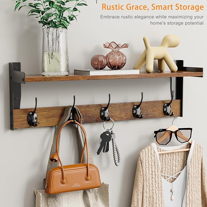 Coat Rack with Wall Mount, 23 Inch Long Entryway Wall Shelf with Hooks - Image 6