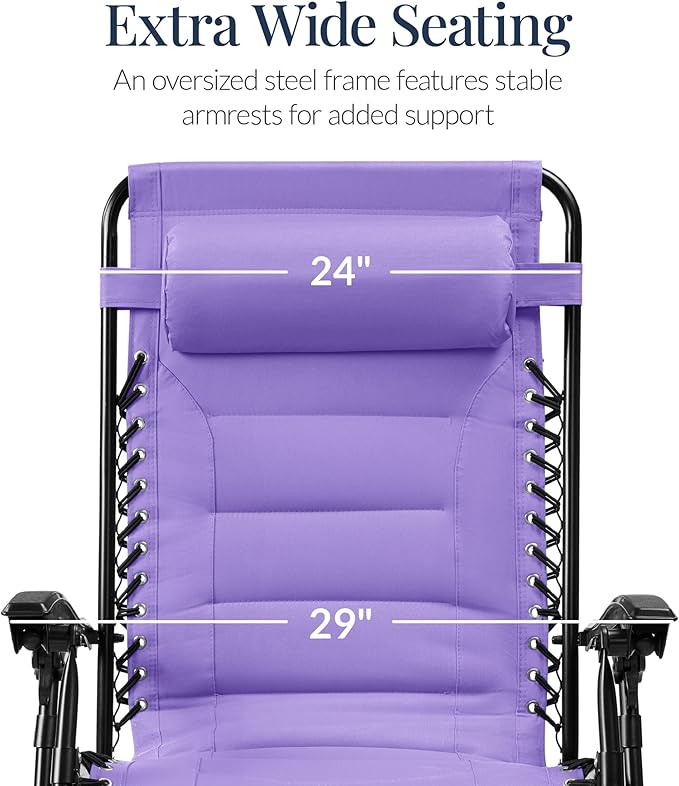 Best Choice Products Oversized Padded Zero Gravity Chair, Folding Outdoor Patio Recliner, XL Anti Gravity Lounger for Backyard w/Headrest, Cup Holder, Side Tray, Polyester Mesh - Violet - Image 3